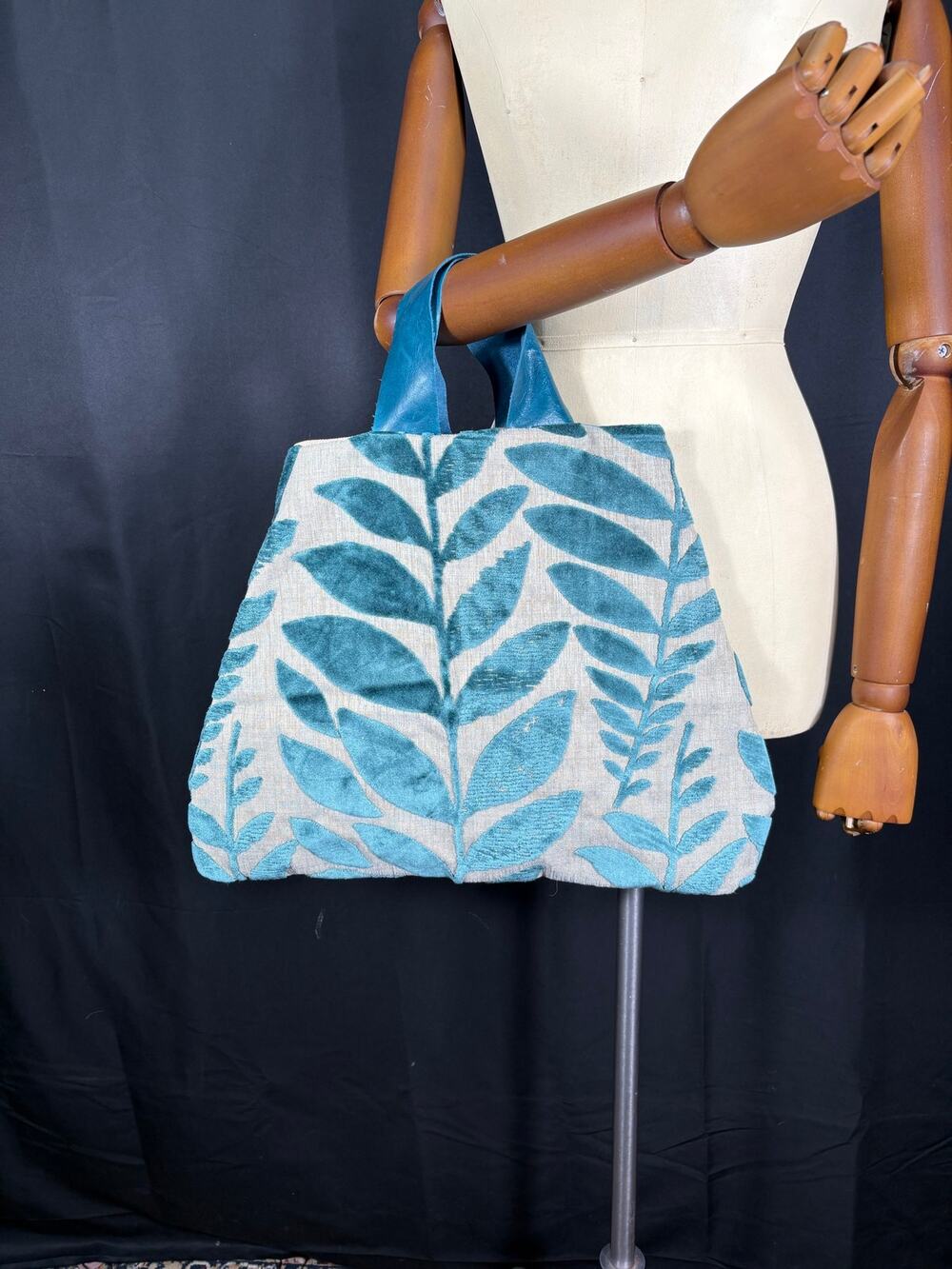Handmade Purse Satchel Bag Created with Designer Fabric Aqua Leaves Lined Pocket